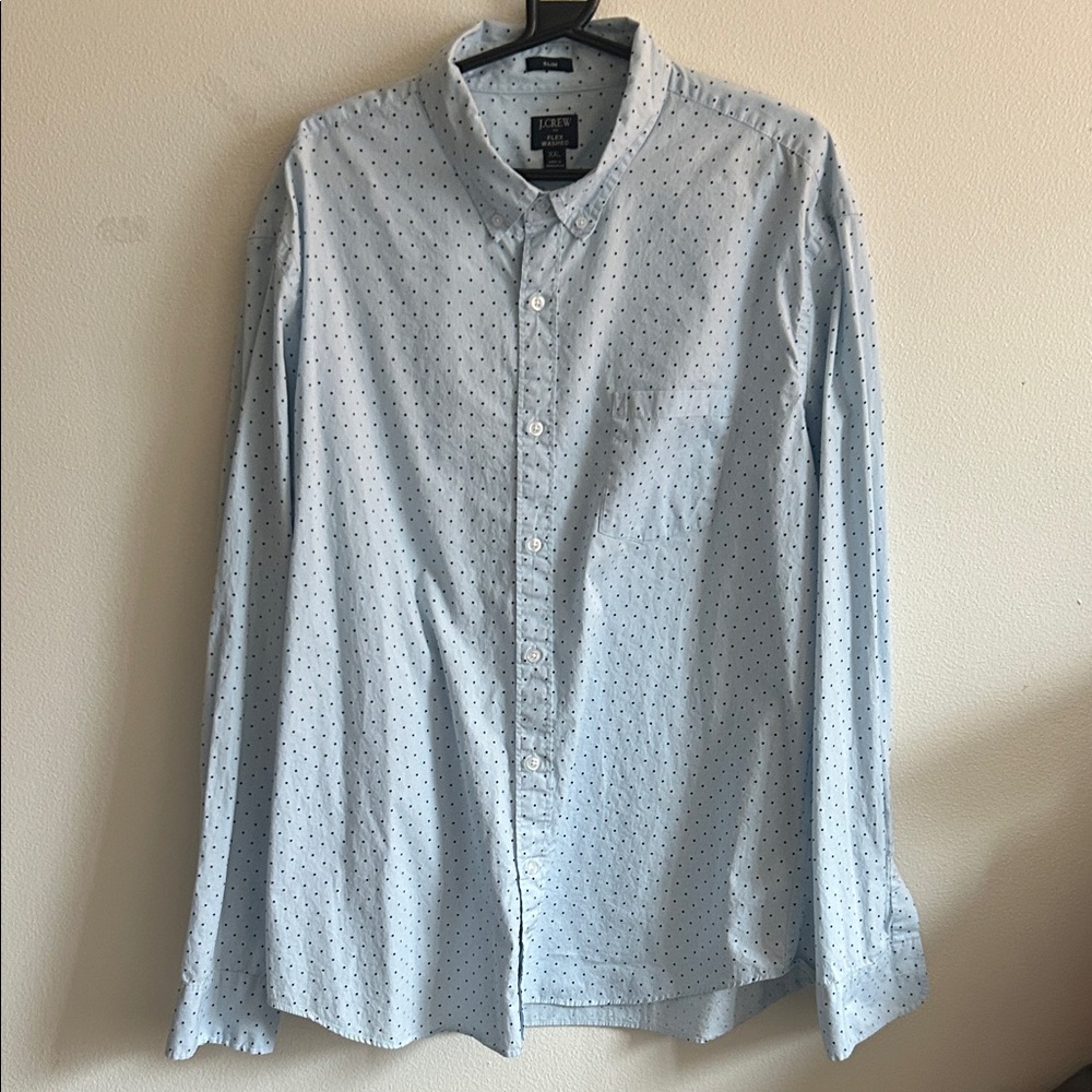 J.Crew Men's Organic Cotton Poplin Slim Fit Lt.Blue/Navy Polka Dots Casual Shirt